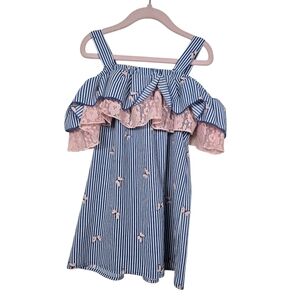 Jenna & Jessie Striped Butterflies Blue White Pink Cold Shoulder Blouse Girls 10